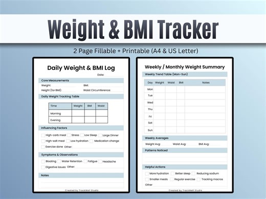 Weight and BMI Tracker | Daily and Weekly Log (Fillable, Printable PDF)