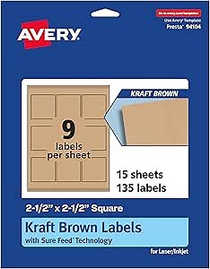Avery Kraft Brown Square Labels, Sure Feed Technology, 2.5" x 2.5", 135 Kraft Brown Labels, Laser/Inkjet Printable