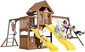 Swing-N-Slide WS 8356 Wooden Timberview Play Set with Two Slides, Monkey Bars, Wood Roof, Climbing Wall and Swings, Wood , Brown