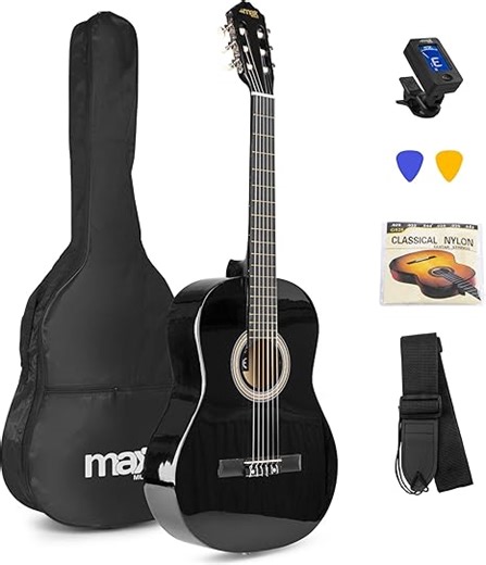MAX SoloArt - 4/4 Akustik Gitarre für Anfänger Einsteiger Erwachsene - Akustikgitarre inkl. Tasche, Stimmgerät, Plektrum, Gurt und Zubehör - Acoustic, Konzertgitarre in Schwarz