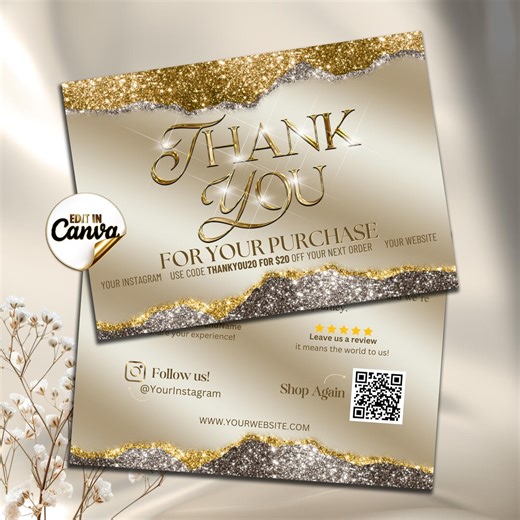 Champagne Gold Thank You Card Template Canva, Beauty Business Thank You Card Editable, Luxury Small Business Insert Card With QR Code #14 - Etsy UK