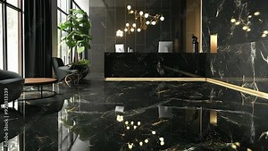 A sleek, modern hotel lobby features a black marbled reception desk, illuminated by stylish hanging lights. Potted plants and luxurious chairs add to the sophisticated atmosphere in the well-lit