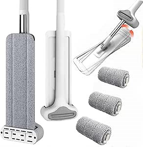 360 Hands-Free Self Wringing Floor Cleaning Mop, Flat Mop - Microfiber with 4 x Washable Pads, Hand Washing Free for Hardwood and Window, White