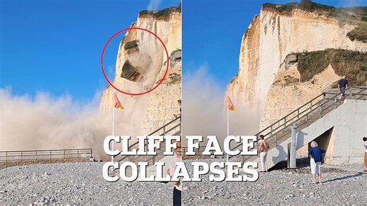 Terrifying moment cliff face collapses near beachgoers
