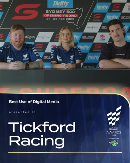 Congratulations to our Motorsport Australia Best Use of Digital Media recipents, Tickford Racing Media Team. As they say, while some chase dreams, Tickford chase memes (and in this case, it's both) If you follow their content, you’ll easily understand why. They have set the benchmark for not only other teams, but other codes to follow. With their compelling race content, high production values, behind-the-scenes access, and a strong sense of humour – it’s no surprise that Tickford Racing has bee