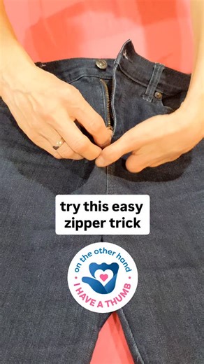 Laura Faye Clubok, OTR/L | Limbfluencer on Instagram: "OT-approved zipper hack dressing with a hand difference ✨🩷 . Also good for people with one hand, arthritis, & typical hands! . Add a 20mm split keyring to your zipper = easier pulls + a zipper that stays UP 👍 . Follow for more upper limb difference friendly movement tips and OT hacks 🧠 . Image Description: A close-up video of a hand demonstrating a simple one-handed zipper hack on a pair of pants. A small stainless steel split keyring is 