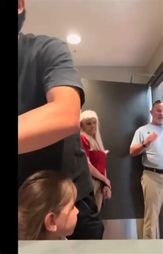 Look, even if she sees a man's butt in the men's room, it's no big deal. Chances are, she won't. Most men don't drop their pants to use the urinal or turn around to show their penis to other men.A grown man does not belong in the women's room.