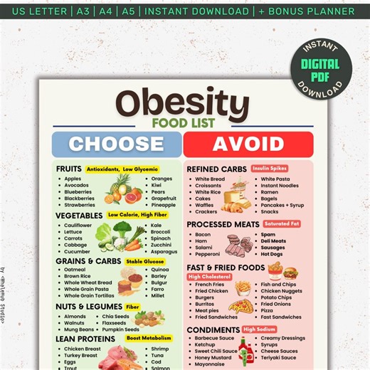 Obesity Diet Food List Printable, Low Calorie Diet Planner, Keto Diet Grocery List for Losing Weight, Dietitian Low Carb Meal Prep, PDF File - Etsy
