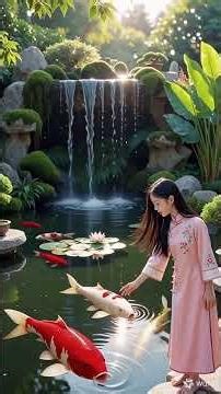 Oriental Garden Waterfall with Koi Pond and Princess
