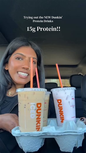 Vidya Gopalan on Instagram: "Guess what? You can now swap your dairy for protein milk in ANY Dunkin’ drink. So let’s do a little taste test and I’ll let y’all know what’s my favorite. Plus, each drink has 15g of protein (medium) so what are you waiting for? Add it to your coffee, latte, matcha or refreshers today! #dunkinpartner #coffeetok"