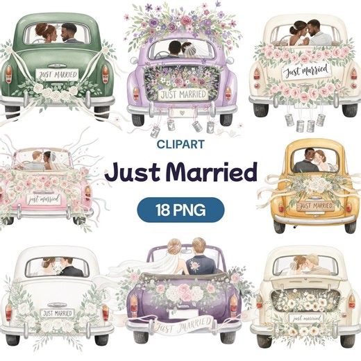 Just Married Car Clipart, 18 Watercolor Wedding Getaway PNG, Vintage Vehicle, Floral Bumper, Bride Groom, Honeymoon Trip, Retro Beetle Lover - Etsy