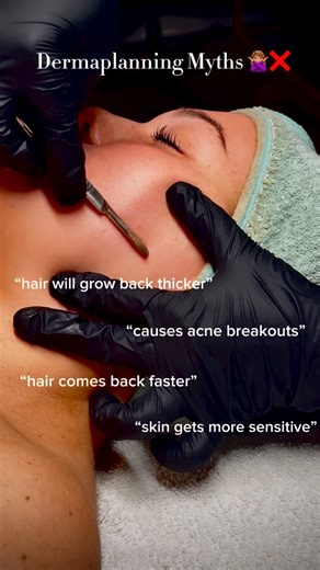 Jailene | Licensed Esthetician on Instagram: "Dermaplaning MYTHS ! 🗣️ Recently I’ve been getting quite a few clients that come in with some worries of derma planning due to the misconceptions spread online usually by non professionals using incorrect tools. Let’s talk about it! Myth #1: “Dermaplanning causes your hair to grow back thicker” ❌ Fact: ✅ dermaplanning cannot change the structure of the hair follicle therefore it cannot grow back darker or thicker Myth #2: “it can cause you to break 