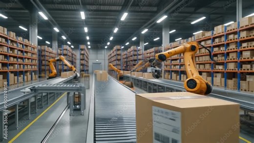 Automated warehouse with robotic arms sorting packages on conveyor belts in modern distribution center