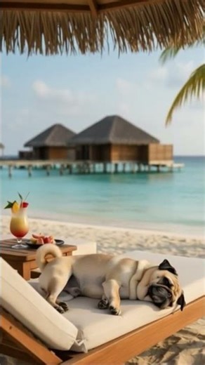 Zzz… a dog is falling asleep #zzz #sleep #pug #resort #beach #ocean #vacation #cute #ai #relax #cozy
