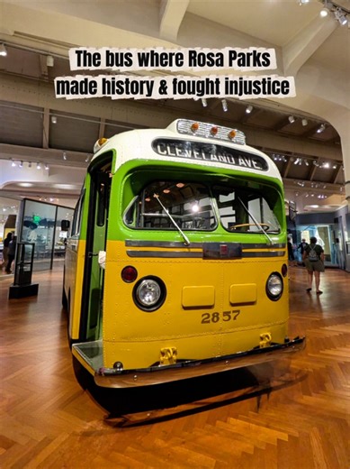 🎉 Today we celebrate Rosa Parks’ birthday! From a forgotten relic in an Alabama field to one of the most iconic artifacts in Detroit, this is the very bus where Rosa Parks made history in 1955. The exact seat where she refused to give up her spot on a Montgomery city bus now rests within the Bus 2857 at The Henry Ford Museum, inspiring generations to fight for justice. 🚌 The bus was first showcased during The Henry Ford’s “Celebrate Black History” program in 2003 and it continues to honor Rosa