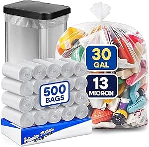 PLASTIC PRINCE 20-30 Gallon Trash Bags, Clear Trash Bags 30"W × 37"L, 13 Micron Clear Garbage Bags, 20-30 Gal High-Density Garbage Can Liners, Fits Square and Round Trash Cans, Pack of 500