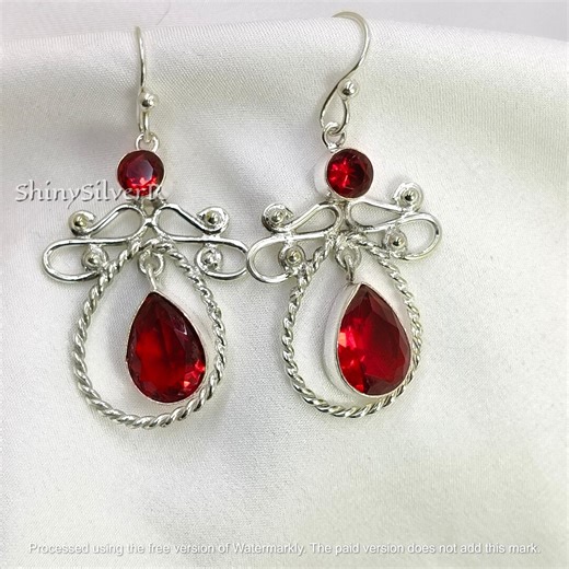 Handmade Sterling Silver Red Garnet Teardrop Earrings, Boho Dangle Jewelry - Etsy