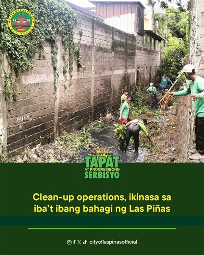 MALINIS NA KAPALIGIRAN PARA SA MALUSOG AT LIGTAS NA PAMAYANAN! #TuloyAngTapatAtProgresibongSerbisyo: Nagsagawa ng clean-up operation ang pamahalaang lokal ng Las Piñas sa pangunguna ng City Environment and Natural Resources Office (CENRO) sa Talon Creek, Pasong Cobra Creek, at Veraville Regency 1. Ang inisyatibang ito ay mula kina Mayor Mel Aguilar at Vice Mayor April Aguilar para mapanatili ang malinis at maaliwalas na kapaligiran sa Las Piñas. | City of Las Piñas