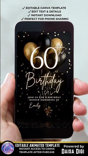 Black Gold 60th Birthday Invitation Video | Luxury Canva Animated Invite