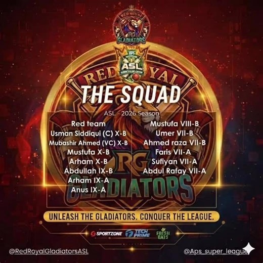 AKBAR SUPER LEAGUE on Instagram: "The arena is set, and the warriors are ready! ⚔️🛡️ Introducing the official Red Royal Gladiators squad for the ASL 2026 Season! 🔴🦁 Led into battle by Captain Usman Siddiqui and Vice Captain Mubashir Ahmed, this team is built on strength, courage, and a hunger for glory. We’re not just here to play; we’re here to dominate. UNLEASH THE GLADIATORS. CONQUER THE LEAGUE. 🏆🔥 Drop a ❤️‍🔥 below if you’re backing the Red Army! 👇 #ASL2026 #RedRoyalGladiators #TheSqu