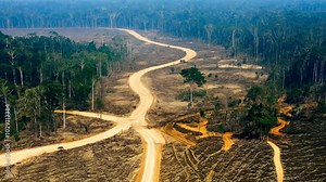Aerial view of a deforested area with winding dirt roads cutting through the landscape, showing the devastating impact of deforestation on a once-thriving forest.