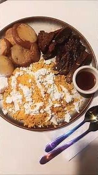 #cooking #shorts #eating carne asada, yellow rice, roasted potatoes 😝