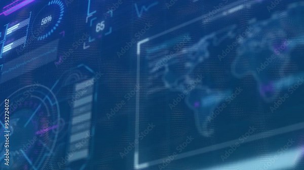 World map and data charts, futuristic technology animation