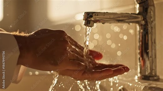 Warmly backlit close-up of hands performing islamic ablution (wudhu) at a bathroom sink.