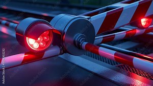 Automatic railroad crossing barrier lowering with flashing red warning lights at night, presented in a cinematic 3D animation for transportation safety concepts.