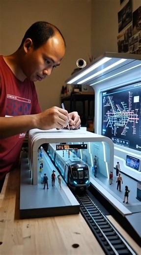 Miniature underground MRT train stopping at a futuristic subway station. #miniature #art #shorts