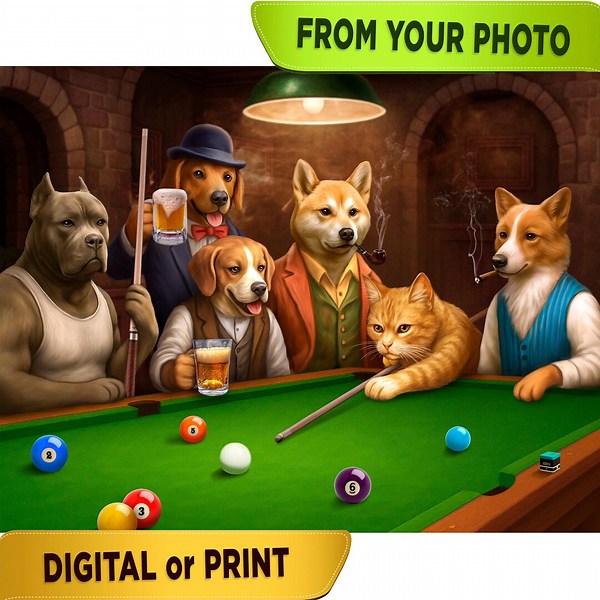 Billiard Lover Gift, Pet Playing Billiards, Personalized Pet Portrait, Custom Pet Billiard , Dog in Billiard Club, Billiard Canvas Print - Etsy