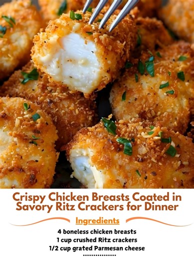 Crispy 🚈 Chicken Breasts Coated in Savory Ritz Crackers for Dinner Ingredients: 4 boneless chicken breasts 1 cup crushed Ritz crackers 1/2 cup grated Parmesan cheese 1/2 cup mayonnaise 1 tsp garlic powder 1 tsp onion powder Salt and pepper to taste Fresh parsley (for garnish) 💕 | Grandma's Secret Recipes