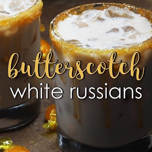 Butterscotch White Russians - White russians with butterscotch schnapps and a crushed butterscotch candy and caramel rim... an adult dessert in a glass! Printable Recipe: https://theblondcook.com/butterscotch-white-russians/ | The Blond Cook