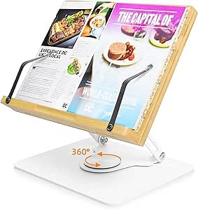 Book Stand for Reading,360 Degree Rotating Adjustable Book Holder Stand with Page Clips Hands Free,Bamboo Recipe Book Stand for Desk with Durable Base,Portable Large Book Holder for Kitchen