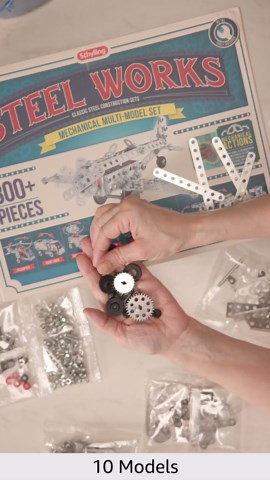 Schylling Steel Works Mechanical Multi-Model - Steel Building Set - Includes 300 Pieces, Tools, and Instructions to Make 10 Different Models - Ages 8 and Up