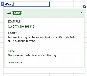 DAY Function - Google Sheets - Sheets Help