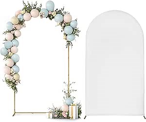 Skypatio 7.2FT Wedding Metal Arch Backdrop Stand with White Backdrop Cover, Balloon Gold Arch Stand for Birthday Party Baby Shower Wedding Decoration Stand for Backdrop