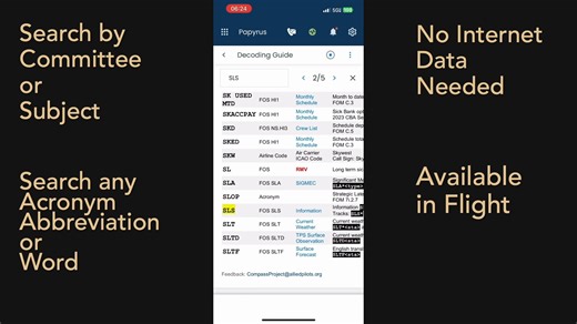 The Papyrus tool on the APA Pilot app enables quick access to the Compass Project’s guides and to every other resource you will need. Type a few keywords in the search box, and relevant documents will be at your fingertips. With its integrated auto-synchronization, Papyrus ensures you always have the most up-to-date documents. | Allied Pilots Association