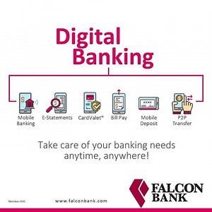Falcon Bank is proud to offer you our Digital Banking services: - Mobile Banking - E-Statements - CardValet® - Bill Pay - Mobile Deposit - P2P Transfer For more details on our Digital Banking services, you can give us a call or visit our website! #FalconBank #WeKnowWhatCounts #CommunityBank #OnlineBanking | Falcon International Bank