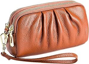 Genuine Leather Women's Wallets, Multi Functional Double Zipper Pleated Coin Purse, Ladies Purse Cell Phone Handbag-Brown