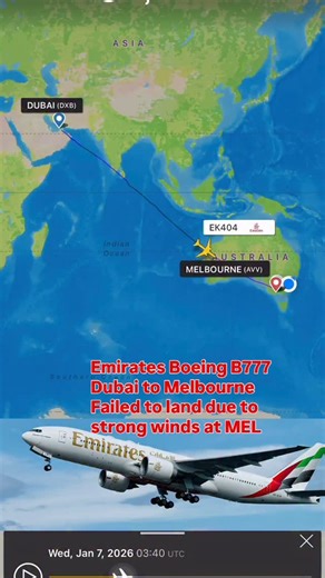 2.5K views · 195 reactions | Emirates Boeing B777 flight EK404 from Dubai to Melbourne Australia failed to land at Melbourne Airport due to string wind. Diverted to Melbourne Avalon Airport #emirates #dubai #melbourne #australia #ek404 | Water.Sounds.Aviation | Facebook