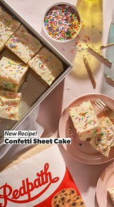 22K views · 33 reactions | Let's celebrate with our new Confetti Sheet Cake!  Whether you're celebrating a birthday, Easter, or just the arrival of spring, this cake is as fun to make as it is to eat. With a soft vanilla crumb and a shower of rainbow sprinkles, it will brighten any table. Serve it with a dusting of icing sugar or top it with your favourite buttercream—either way, it’s a party waiting to happen! Recipe: https://bit.ly/4covN7r | Redpath Sugar | Facebook
