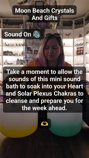 Moon Beach Crystals And Gifts | Crystal Shop | Wed-Sa12-7 Su12-5 on Instagram: "Take a few minutes just for you. Allowing the sounds of this mini sound bath to soak deep into your Heart and Solar Plexus Chakras. Drawing your attention to your heart space and Solar Plexus (just about your belly button), setting your intentions to release what no longer serves you. We hope you have a fantastic week. 🫶"