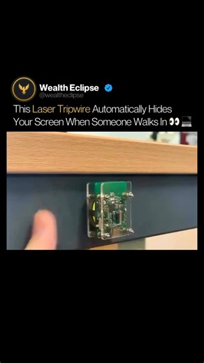 Wealth Eclipse on Instagram: "Follow @wealtheclipse for more technology, business, and powerful new innovations shaping the future. The second someone crosses this invisible line, your screen instantly switches back to whatever you were working on. This setup uses a physical laser tripwire placed across a doorway. When the beam is broken, the system triggers an immediate response, restoring your screen to a safe state before anyone can read a single word. There’s no webcam tracking, no facial re