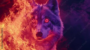 Wolf surrounded by vibrant colored fire and smoke creating a mystical atmosphere, wolf with colored fire and smoke seamless time lapse virtual video Background