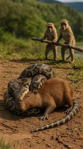 2 Monkeys Beat Up Big Python Rescue Capybara