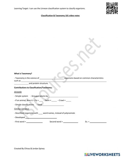 Classification - Taxonomy Video Notes online exercise for