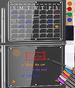 Acrylic Magnetic Calendar Dry Erase Board for Fridge, Ewinvos Clear Magnet Monthly Calendar & Memo Board for Refrigerator and Wall, Reusable Planner Board Includes 6 Markers 5 Colors