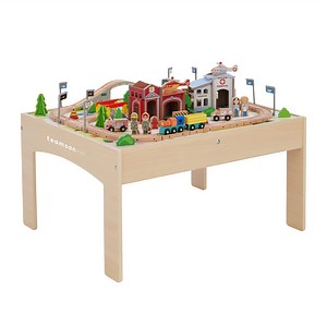 Teamson Kids Preschool Play Lab 85-Piece Wooden Train Table Play Set Multicolor