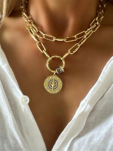 Gold Compass Charm Necklace, Travel and Adventure Navigator Pendant on Chunky Paperclip Chain - Etsy